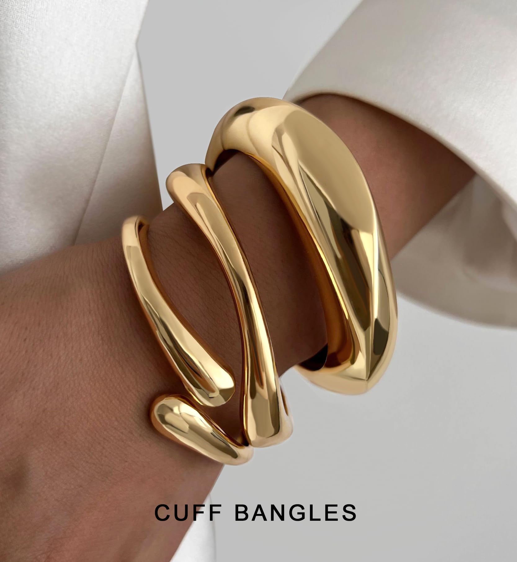 Chunky Gold Bangle Bracelets for Women, Dainty 14k Gold Plated Big Stackable Bangles Set, Trendy Cuff Bracelet Stack Fashion Jewelry Valentines Gifts for Wife Mom