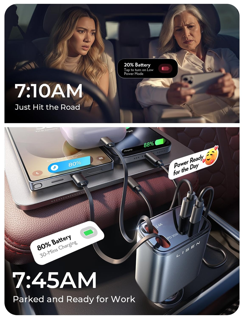 LISEN Retractable Car Charger, 69W Cars Adapter USB C Fast Charger for iPhone 17 Pro Max 16, Car Accessories for Valentines Day Gifts for him Her Birthday Gifts for Men Women 2026 Tech Gadgets for Men