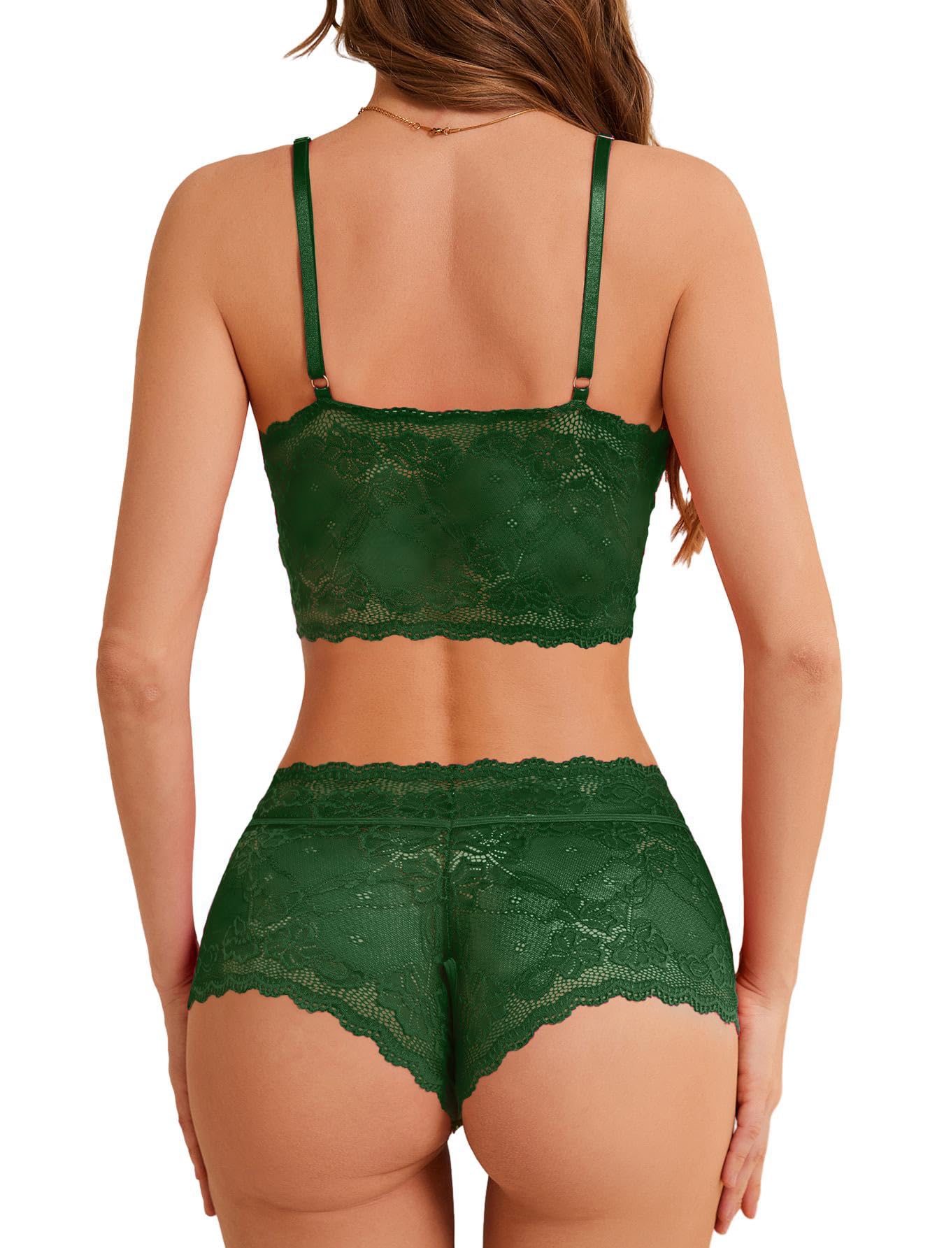Lilosy Sexy Cupless Crotchless Women Floral Lace Pajamas Lingerie Set High Waist Sheer Sleepwear See Through Nightwear Bow Ties Cami Shorts Bra and Panty 2 Piece Army Green X-Small