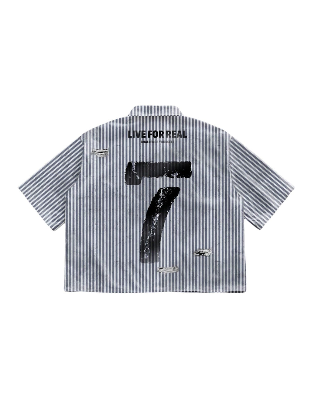 GORGLITTER Men's Letter Graphic Striped Cropped Button Down Shirts Ripped Short Sleeve Y2k Tops Casual Streetwear White and Grey Small