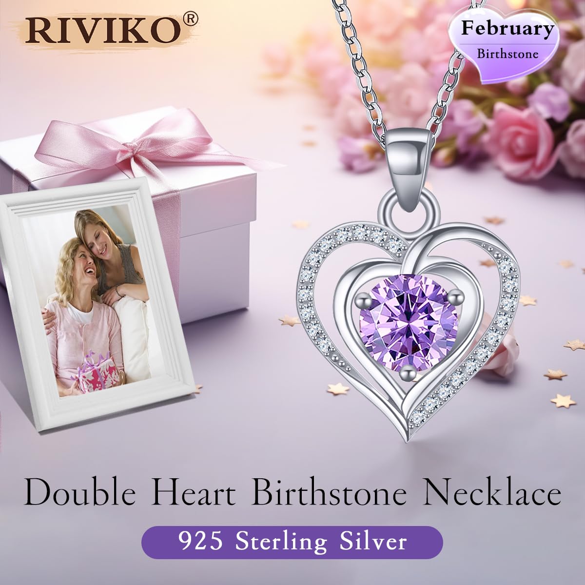 RIVIKO Heart Birthstone Pendant Necklace for Women 925 Sterling Silver Zirconia February Necklaces Christmas Valentine's Day Mothers Day Jewelry Gifts For Her Mother Wife