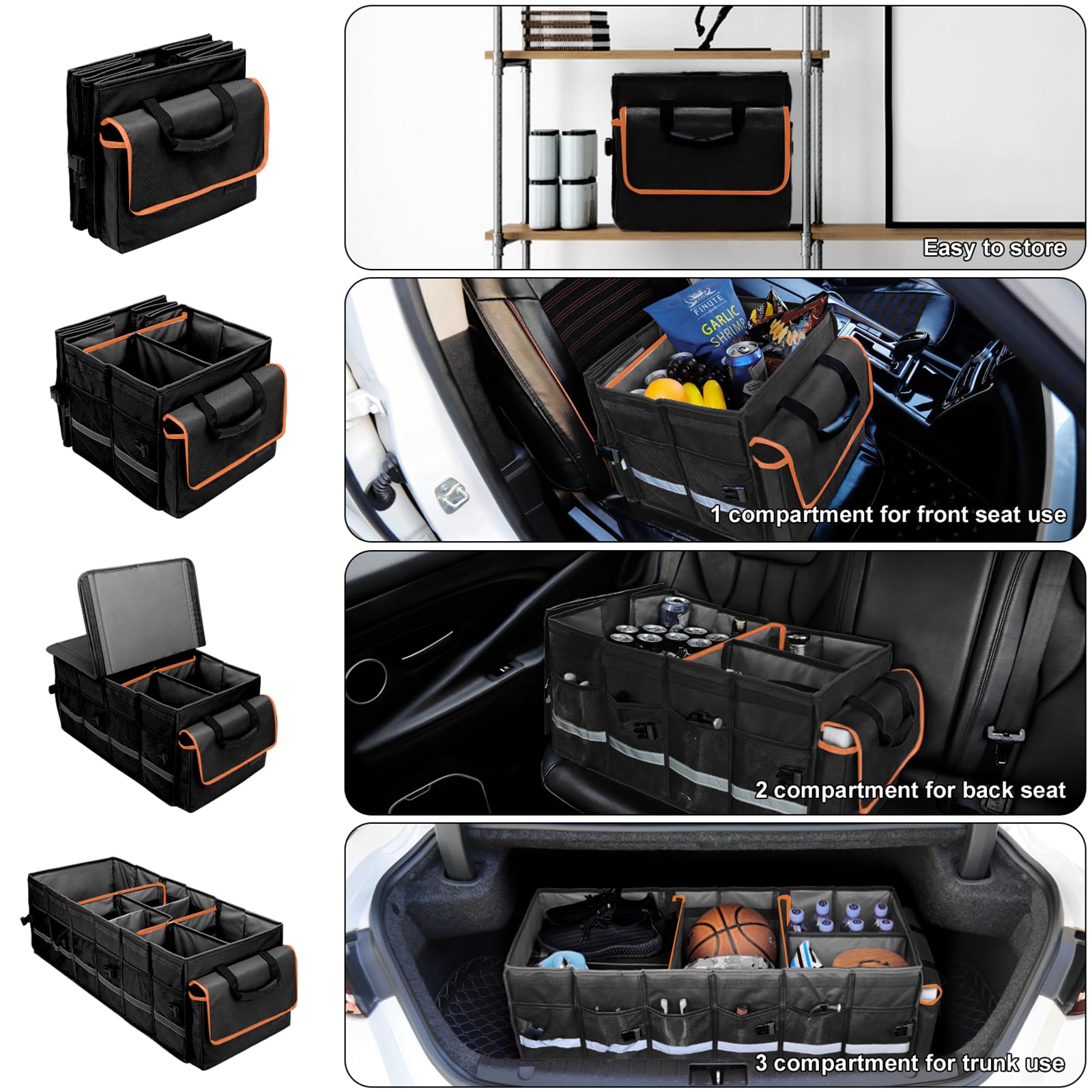 Car Trunk Organizer and Storage with Lid & Removable Leakproof Cooler Bag, Car Accessories 6 Removable Dividers for Custom Space, Collapsible Large Trunk Organizers Interior for SUV Sendan with Cover