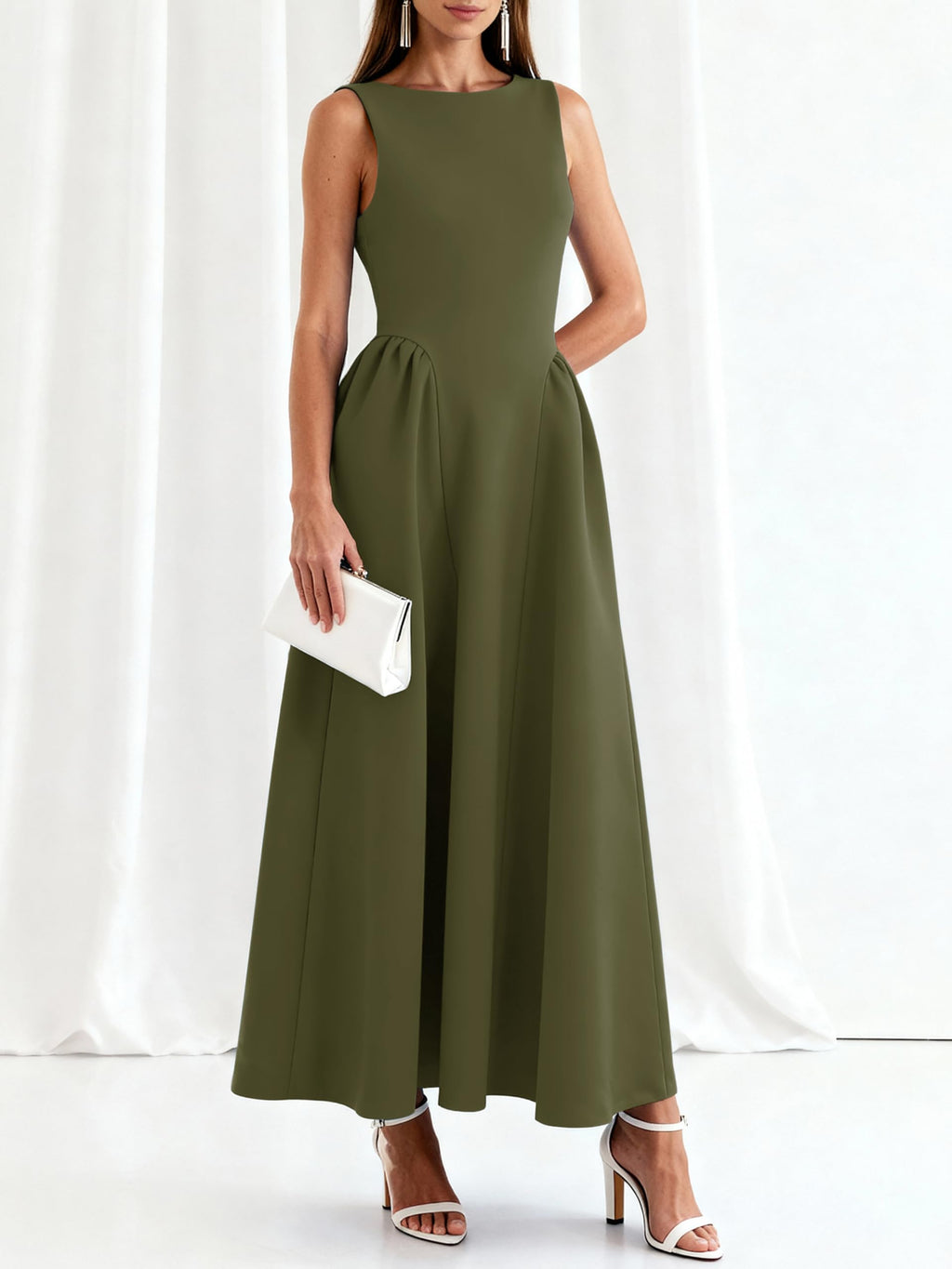 PRETTYGARDEN Summer Sleeveless Maxi Dresses for Women 2026 Elegant Classy A Line Tank Formal Midi Long Wedding Guest Dress(Army Green,Medium)
