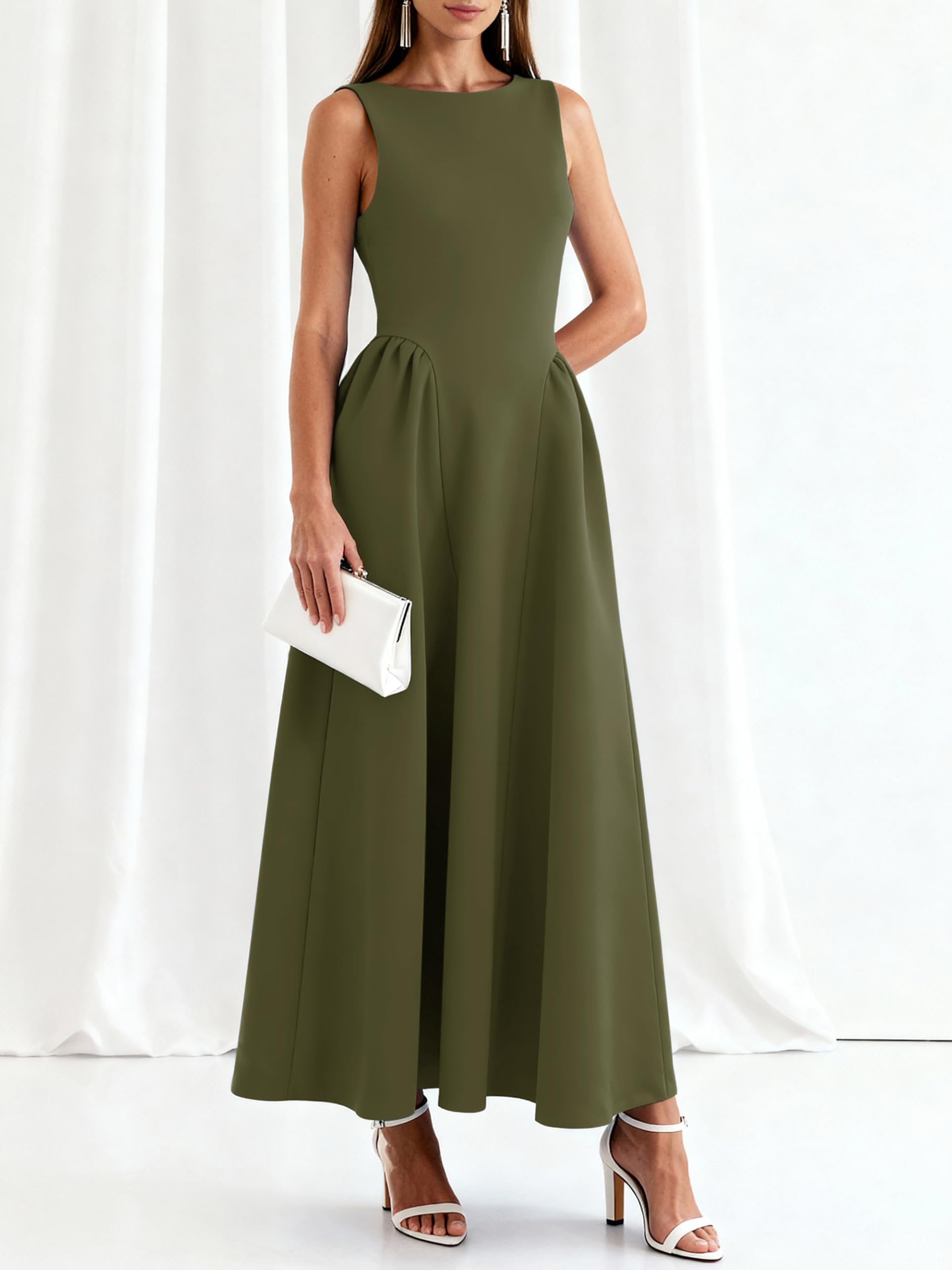 PRETTYGARDEN Summer Sleeveless Maxi Dresses for Women 2026 Elegant Classy A Line Tank Formal Midi Long Wedding Guest Dress(Army Green,Medium)