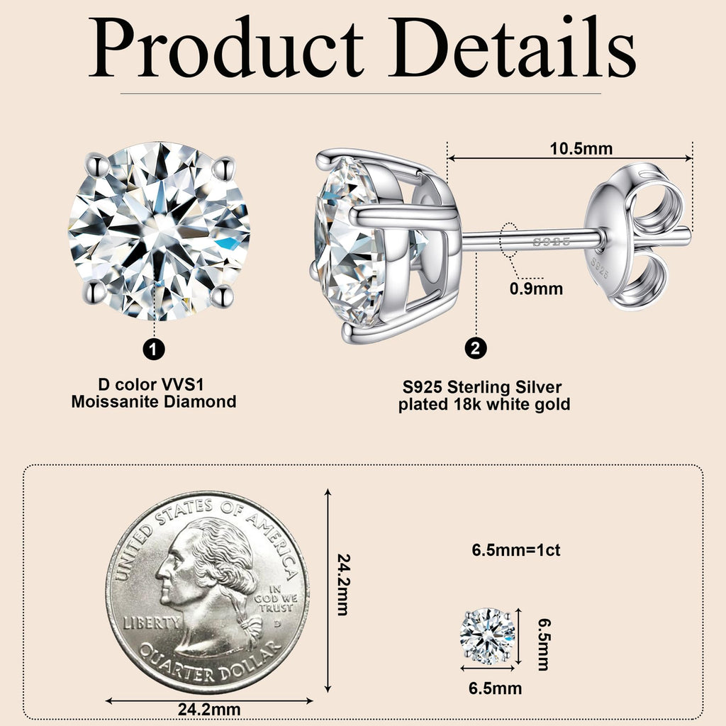 Moissanite Earrings for Women，Lab Greated Men Studs Sterling Silver Earring Plated 18k White Gold Hypoallergenic Jewelry (Silver, 2 CTW (1CT Each))