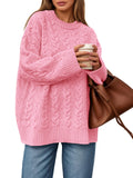 Saodimallsu Womens Cable Knit Sweater Oversized Long Sleeve Chunky Knit Crew Neck Fall Pullover Sweaters Top Pink