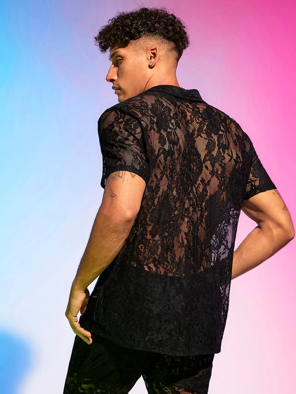 WDIRARA Men's Floral Mesh Tee Top Sheer Round Neck Short Sleeve T Shirts Black Lace XL