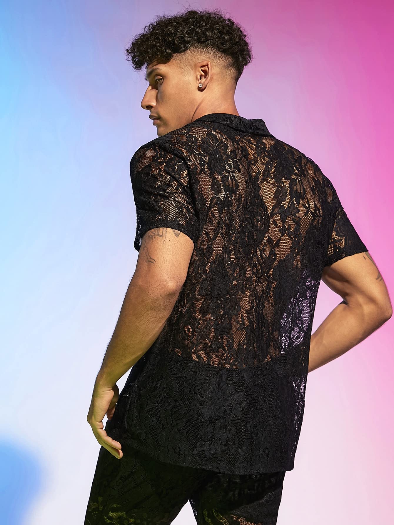 WDIRARA Men's Floral Mesh Tee Top Sheer Round Neck Short Sleeve T Shirts Black Lace XL