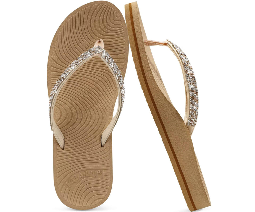 KuaiLu Women's Rhinestone Flip Flops with Comfort Arch Support Yoga Mat Cushion Sandals Fashion Summer Beach Travel Walking Thong Orthopedic Sandles Slip on Plantar Fasciitis Beige 6