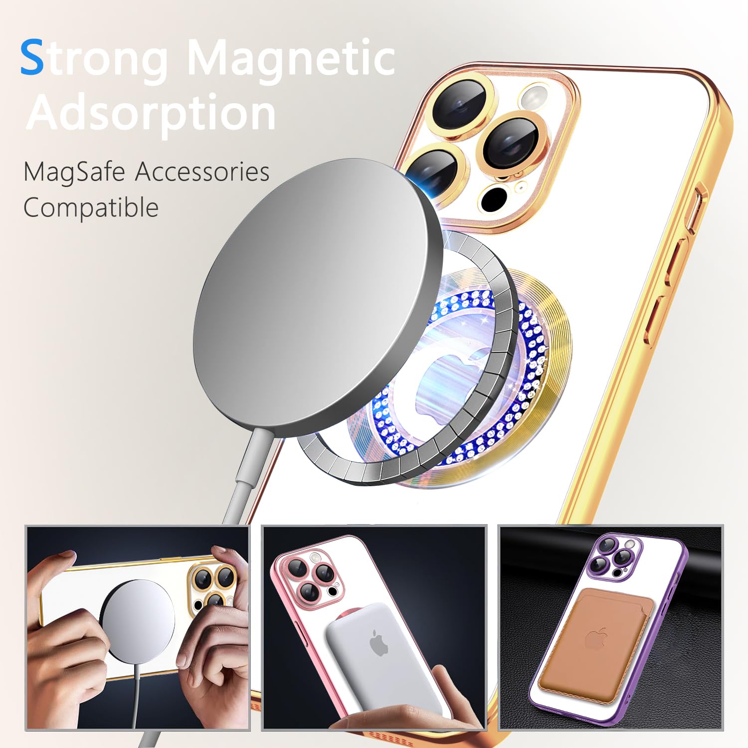 Misscase for iPhone 14 Pro Magnetic Glitter Case Compatible with MagSafe,Full Protection Slim Shockproof Anti-Scratch Case with Camera Lens Protector Logo View Dust-Proof Net for Women Gold
