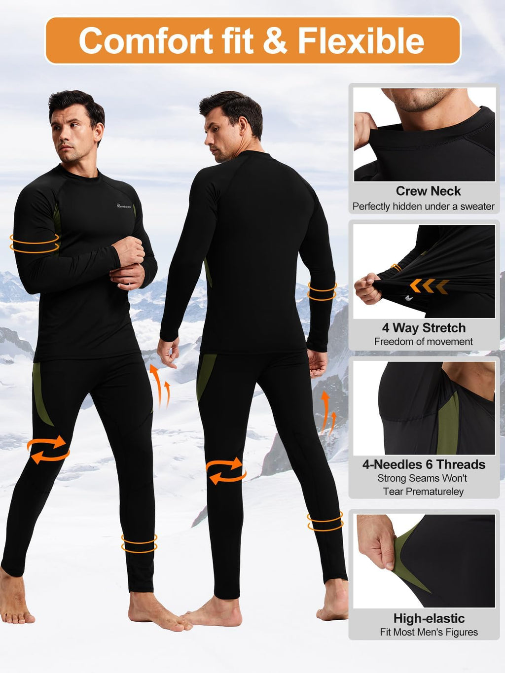 romision Thermal Underwear Long Johns for Men Fleece Lined Base Layer Cold Weather Hunting Gear Bottom and Top Set