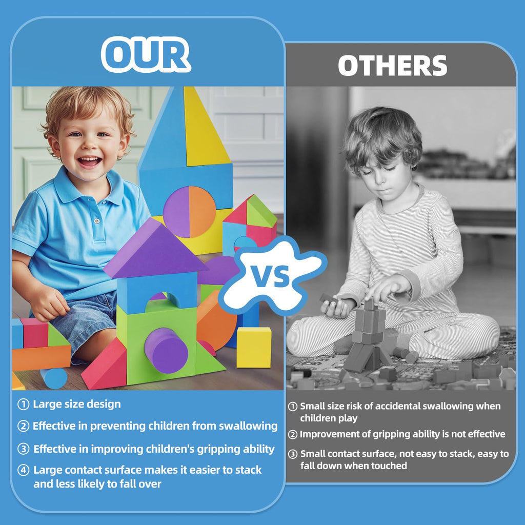 Bingyouth Large Building Foam Blocks for Toddlers, EVA Stacking Foam Building Blocks Toy Set, Non-Toxic, Washable, Early Learning Construction Toys & Gifts for Kids Boys & Girls (Blue, Pieces, 60)