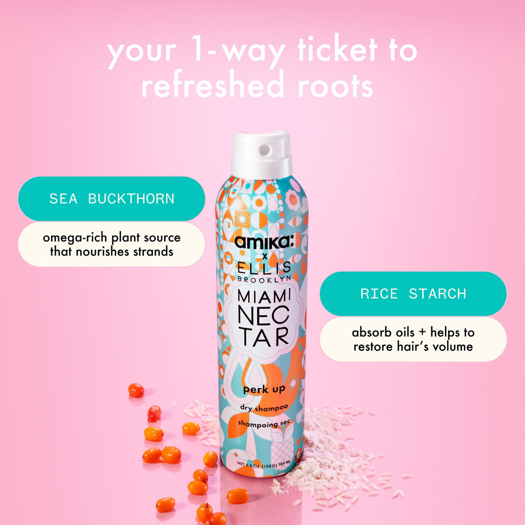 amika x Ellis Brooklyn Miami Nectar Perk Up Dry Shampoo, 5.3oz | limited edition | talc free, refreshes roots, absorbs oil, invisible finish | for all hair types (spray nozzle may vary)