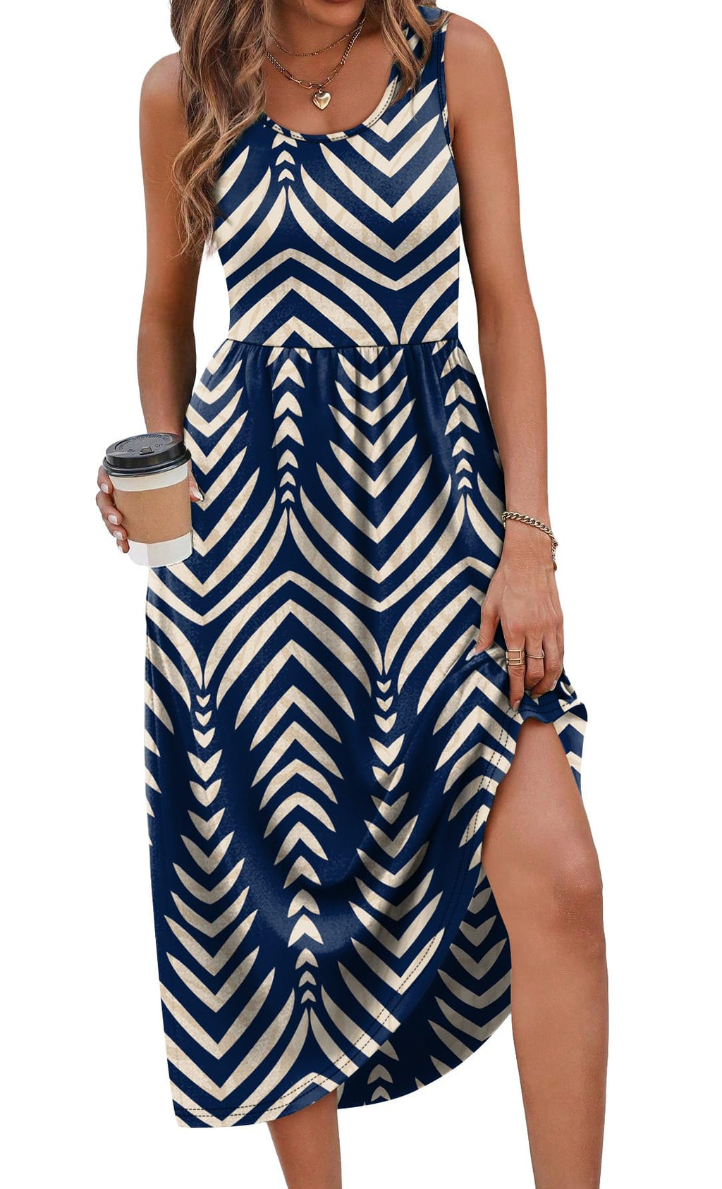 WIHOLL Casual Summer Dresses for Women 2025 Sleeveless Flowy Sun Spring Dress Sundresses Boho Italian Beach Vacation Dress Long Maxi Midi Dresses for Women 2026 Cruise Resort Wear Navy Stripe L