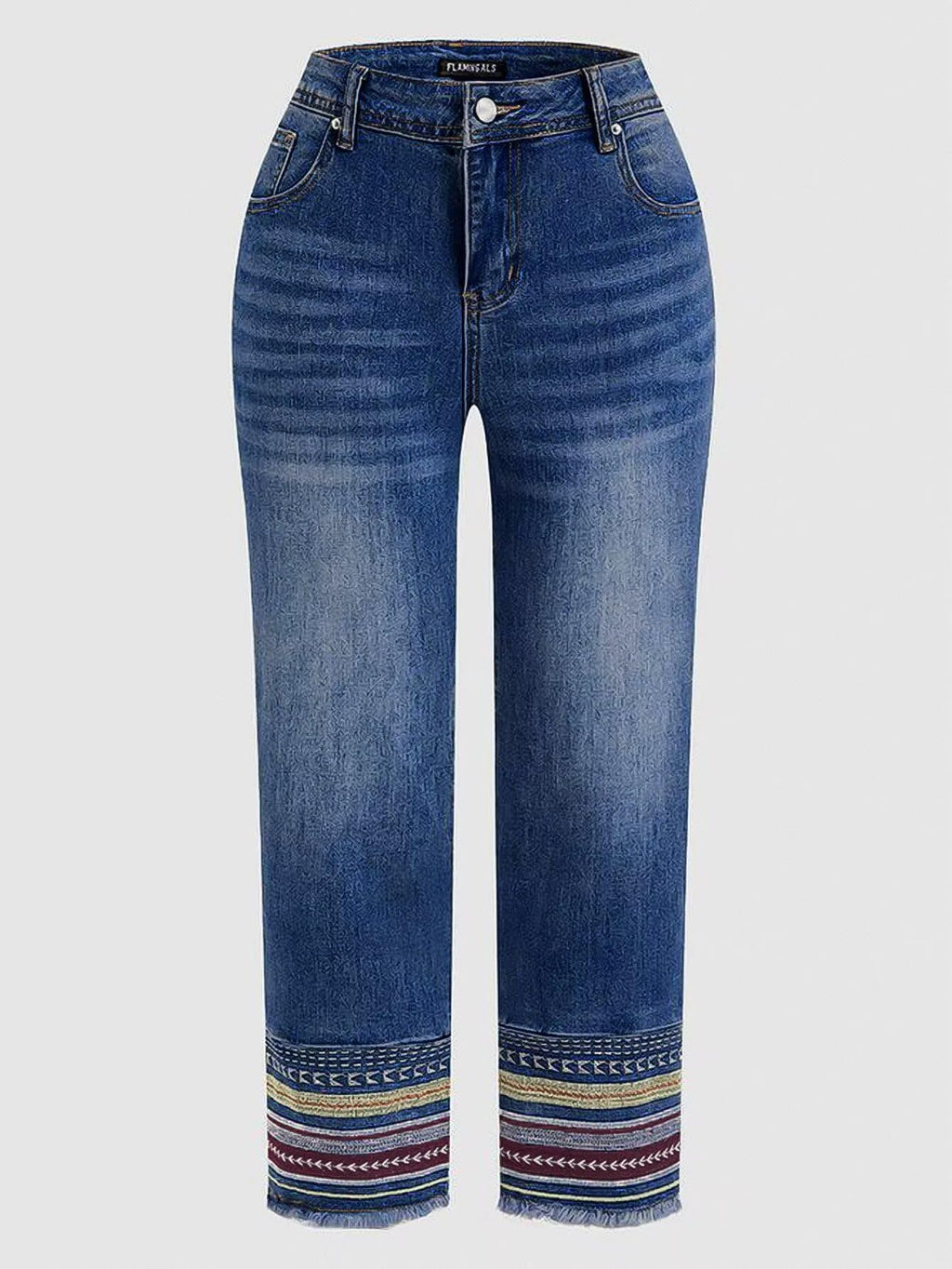 Flamingals Straight Leg Cropped Jeans for Women Trendy Mid Rise Stretchy Tribal Embroidery Raw Hem Ankle Jeans Mid Blue Wash L