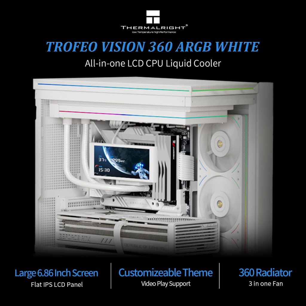 Thermalright Trofeo Vision 360 ARGB White CPU Liqud Cooler,6.86-inch Magnetic IPS LCD Screen with 2400x1080 Resolution,Free to DIY a Variety of Themes,Liquid CPU Cooler for AM4/AM5,Intel lga1700/1851
