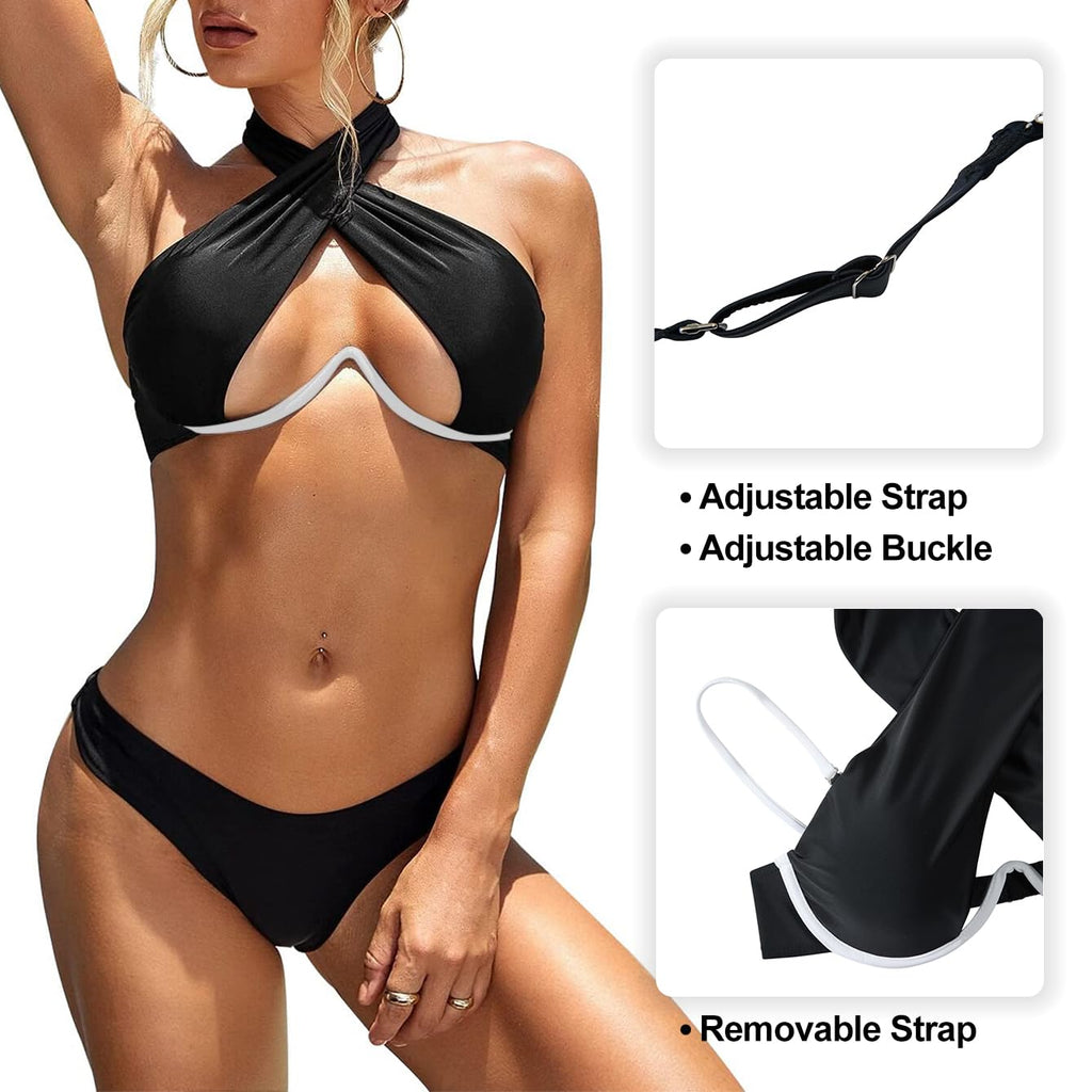 Lilosy Sexy Cute Underwire Push Up Cutout Halter Criss Cross High Cut Leg Thong Brazilian Bikini Swimsuit Set Women Cheeky Bottom Bathing Suit 2 Two Piece Black White 2# Medium