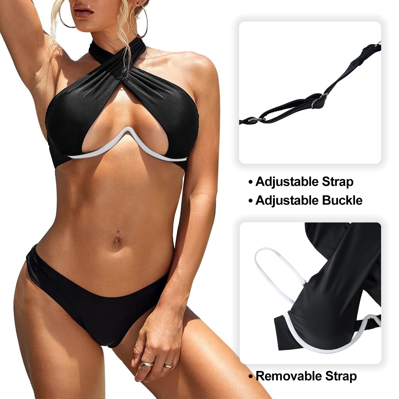Lilosy Sexy Cute Underwire Push Up Cutout Halter Criss Cross High Cut Leg Thong Brazilian Bikini Swimsuit Set Women Cheeky Bottom Bathing Suit 2 Two Piece Black White 2# Medium