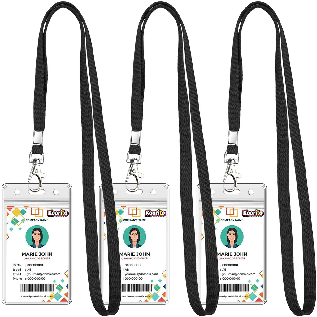 Koorito 3 Pack Clear ID Badge Holder with Lanyard Black Lanyards with Vertical Waterproof ID Badge Holder for Office, School, Travel