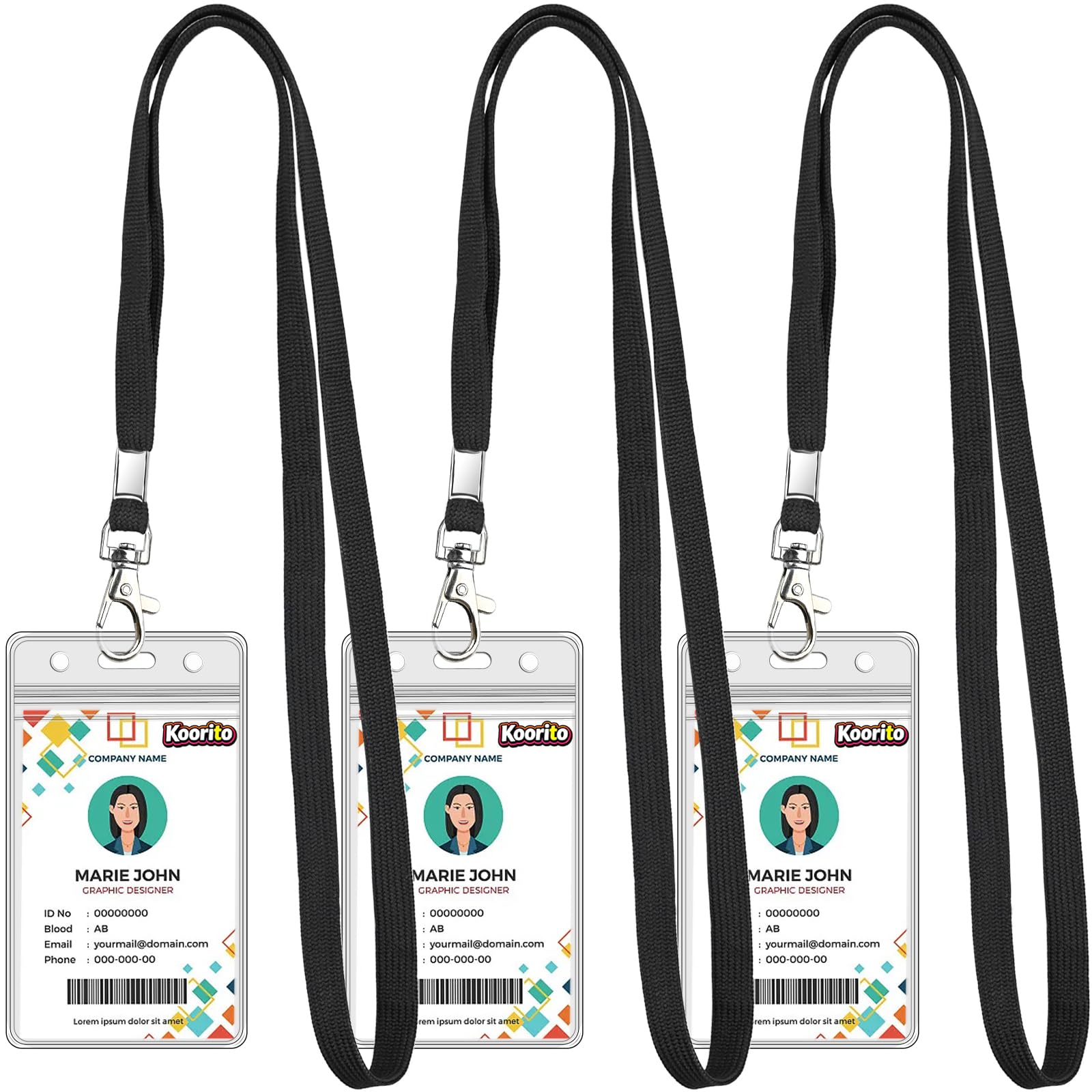 Koorito 3 Pack Clear ID Badge Holder with Lanyard Black Lanyards with Vertical Waterproof ID Badge Holder for Office, School, Travel