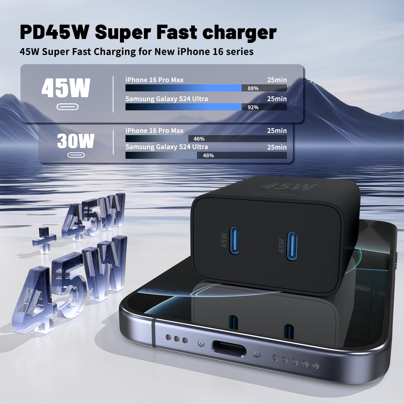 QZIIW Super Fast Samsung Charger Type C,45W Dual Port USB C Fast Charger Block [2-Pack] & Extra Long 60W 3/6/10/10FT USB C Cable - PD Quick Charging 3.0 For Samsung Galaxy S25 Ultra/S24+/S23 iPhone 16