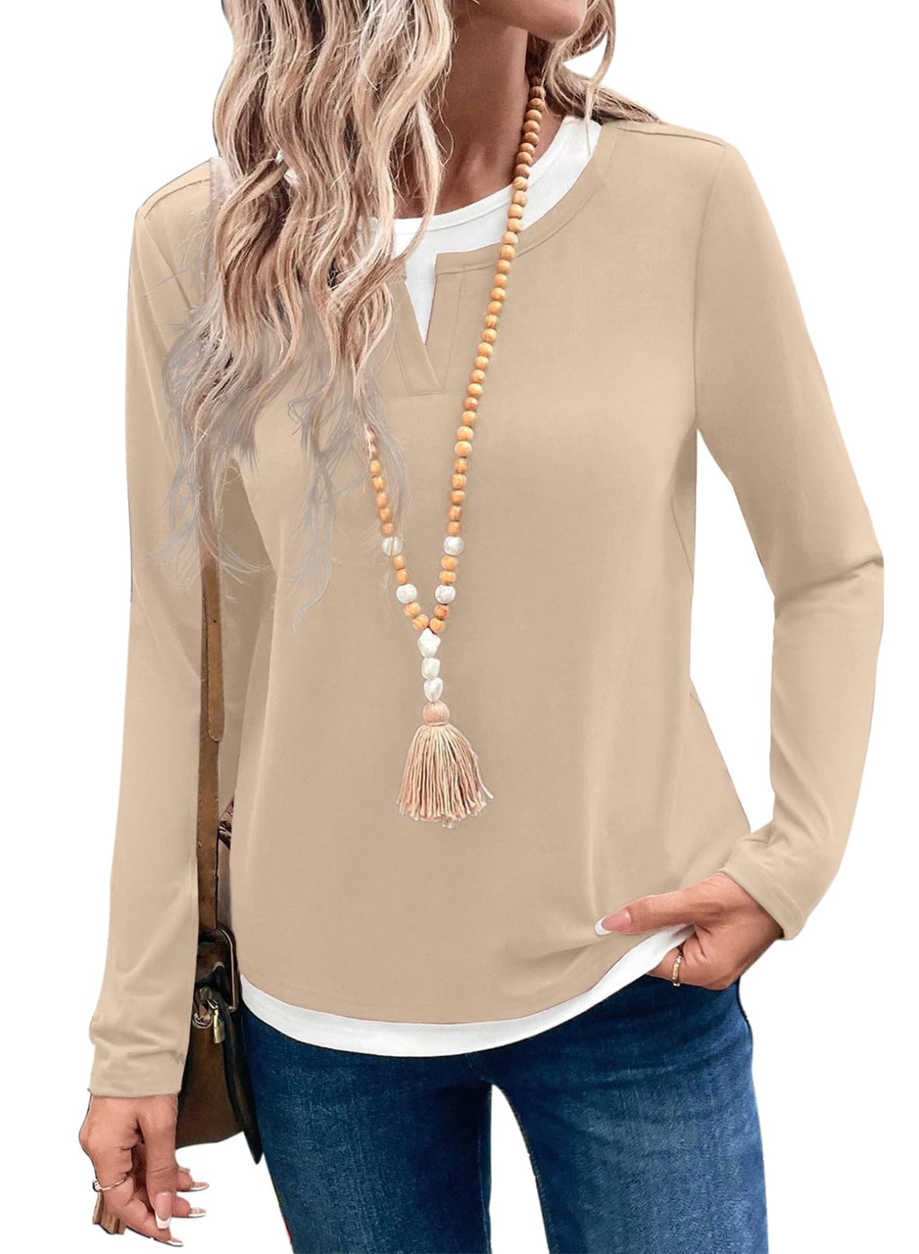 SHEWIN Womens Tops Casual Fashion Trendy Long Sleeve Shirts for Women Fall Clothes Crewneck T Shirts Business Casual Outfits Khaki XX-Large