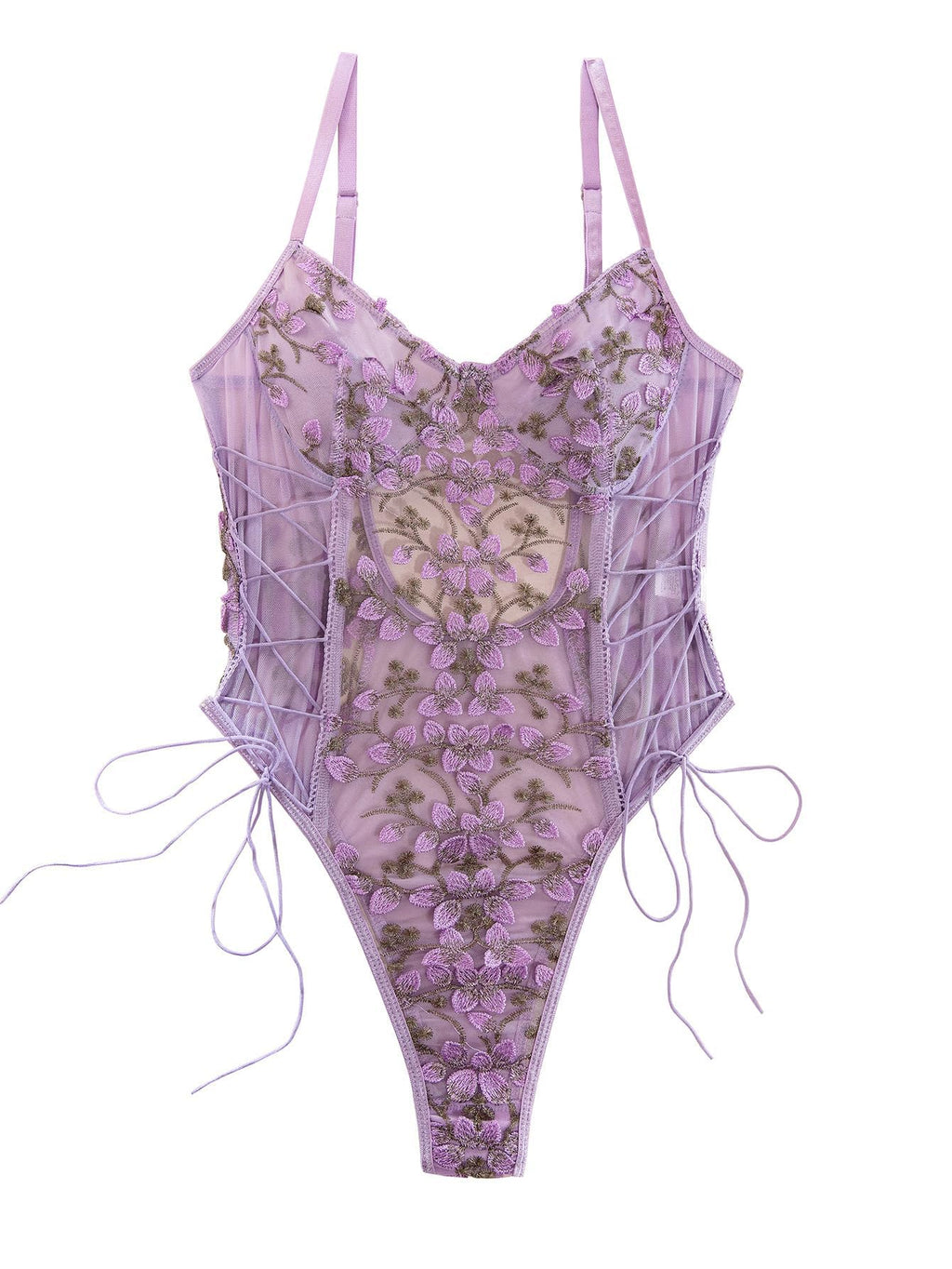 Lilosy Women Sexy Lace Up Floral Embroidered Teddy Babydoll Lingerie Bodysuit Top Mesh Sheer One Piece See Through Lavender Light Purple Medium