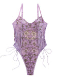 Lilosy Women Sexy Lace Up Floral Embroidered Teddy Babydoll Lingerie Bodysuit Top Mesh Sheer One Piece See Through Lavender Light Purple Medium