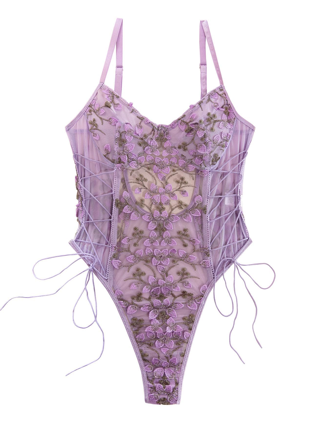 Lilosy Women Sexy Lace Up Floral Embroidered Teddy Babydoll Lingerie Bodysuit Top Mesh Sheer One Piece See Through Lavender Light Purple Medium