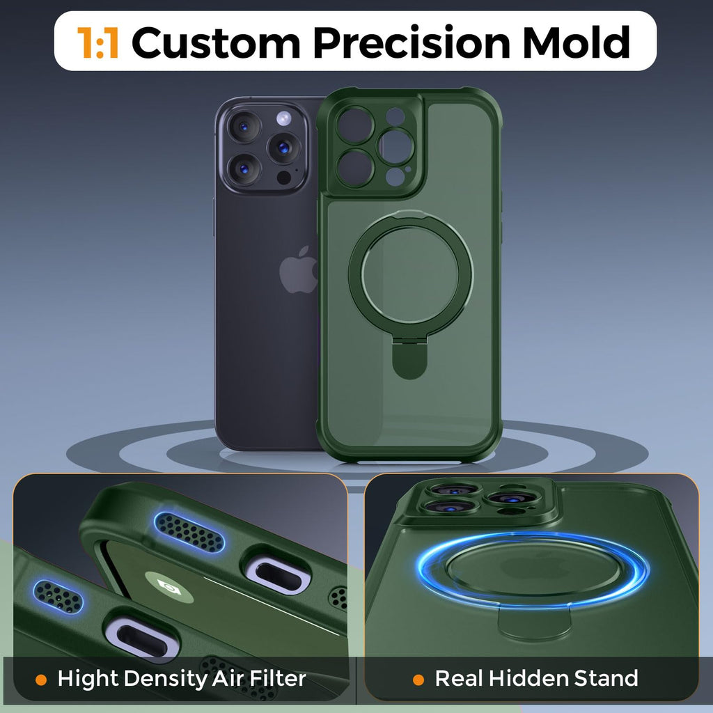 MOCCA Design for iPhone 14 Pro Case with Magnetic Invisible Stand [Full Camera Protection] [Compatible with Magsafe] Military Drop Shockproof Translucent Matte Phone Case Cover 6.1",Dark Green