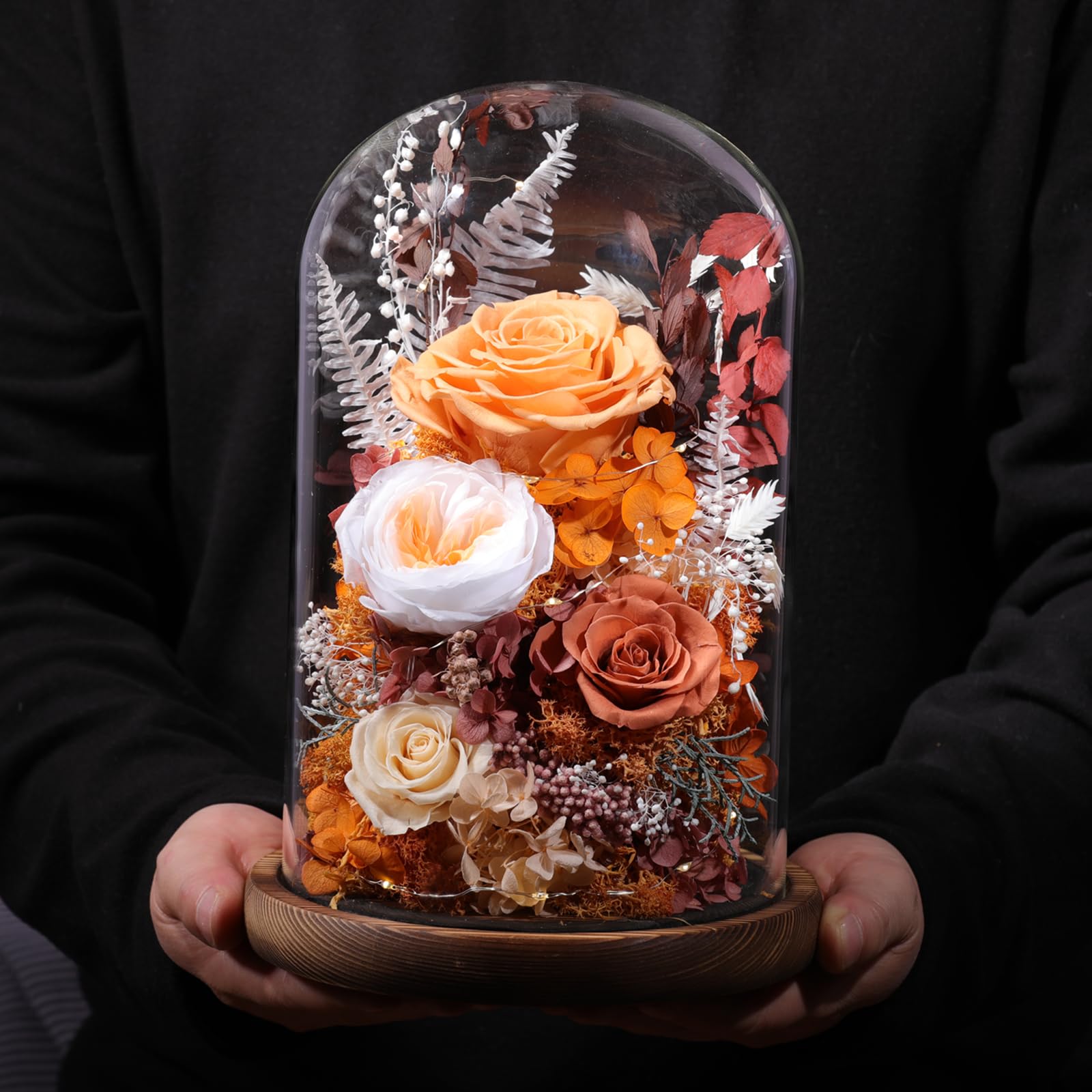 lovenfold Flowers for Delivery Prime Preserved Flowers Rose in Glass Dome,Orange Rose Forever Flowers Birthday Gifts for Women Mom Grandma Friend Thanksgiving Gifts for Her,Home Decor
