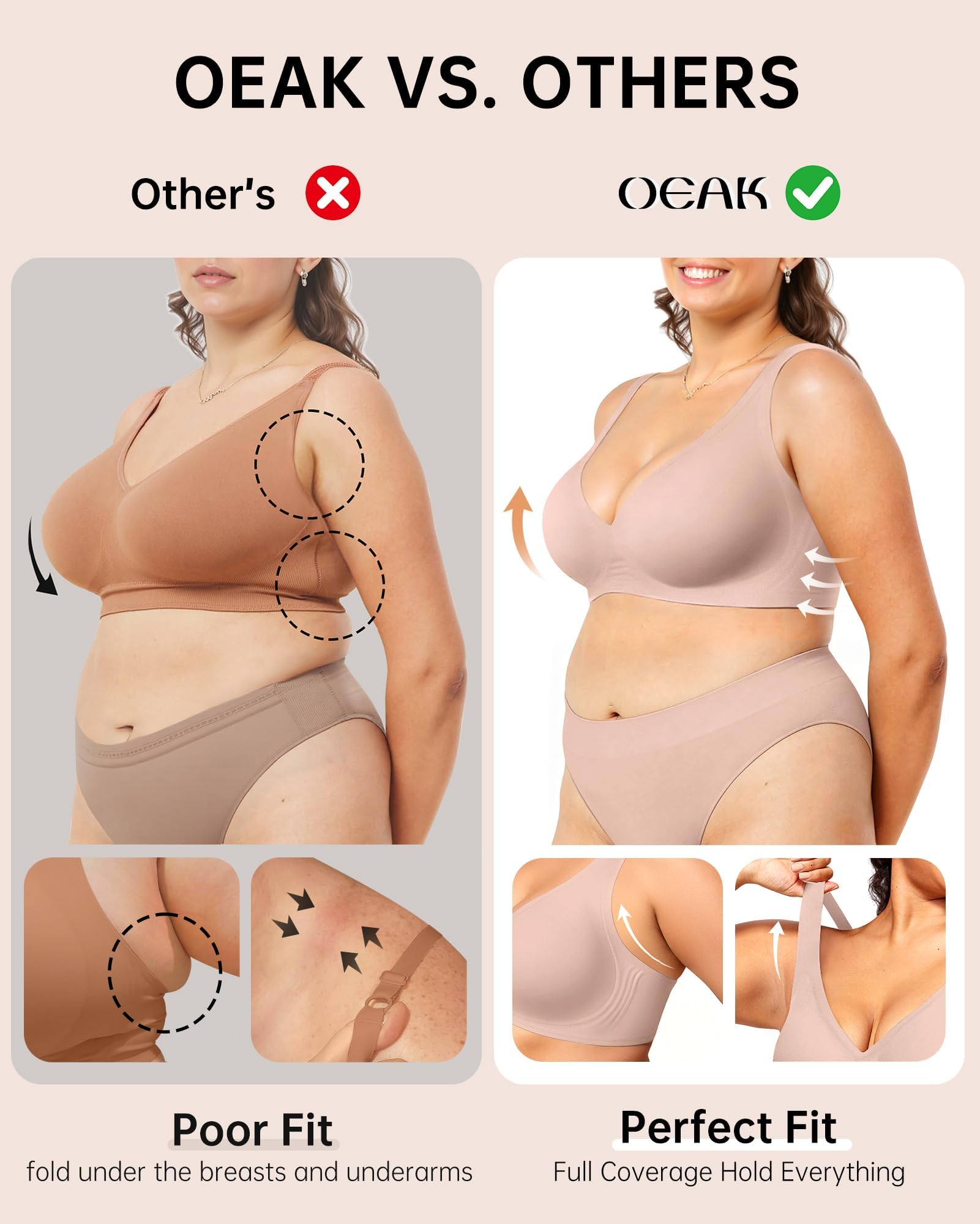 OEAK Womens Deep V Bras Wireless Comfortable Bra Supportive No Underwire Bras Tshirt Push Up Bralettes Plunge Seamless Bra Nude L