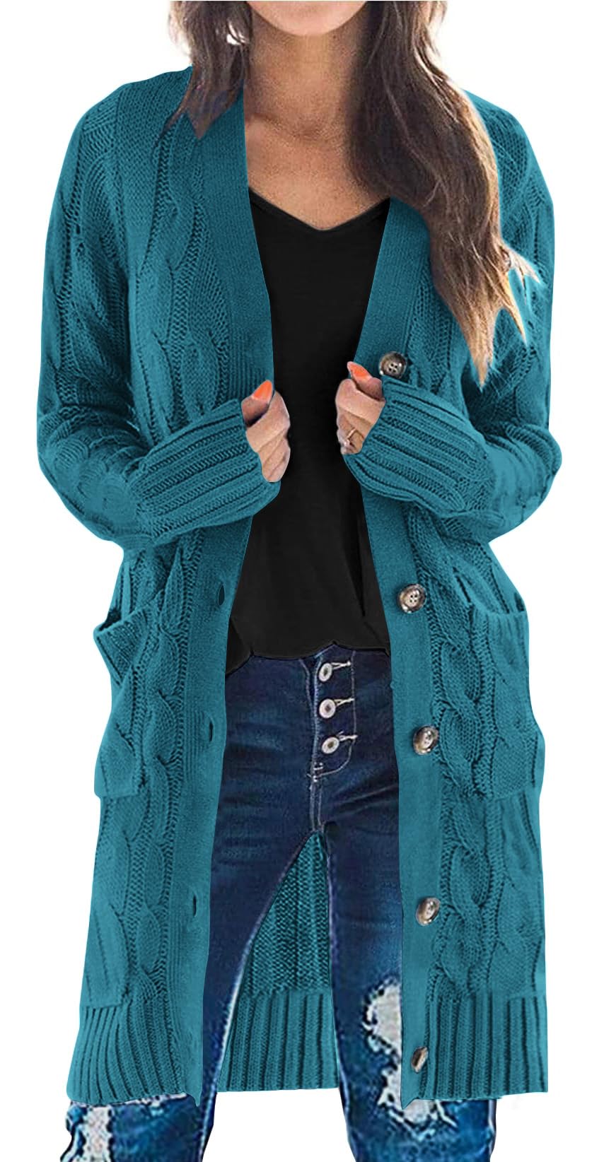 PRETTYGARDEN Long Sleeve Cable Knit Long Cardigan for Women 2026 Spring Winter Chunky Open Front Button Sweaters with Pockets(Cyan,Small)