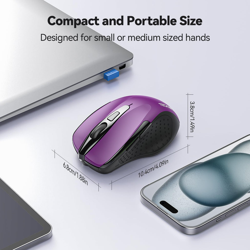TECKNET Wireless Mouse, 2.4G Ergonomic Optical Mouse, Computer Mouse for Laptop, PC, Computer, Chromebook, Notebook, 6 Buttons, 24 Months Battery Life, 2600 DPI, 5 Adjustment Levels - Purple