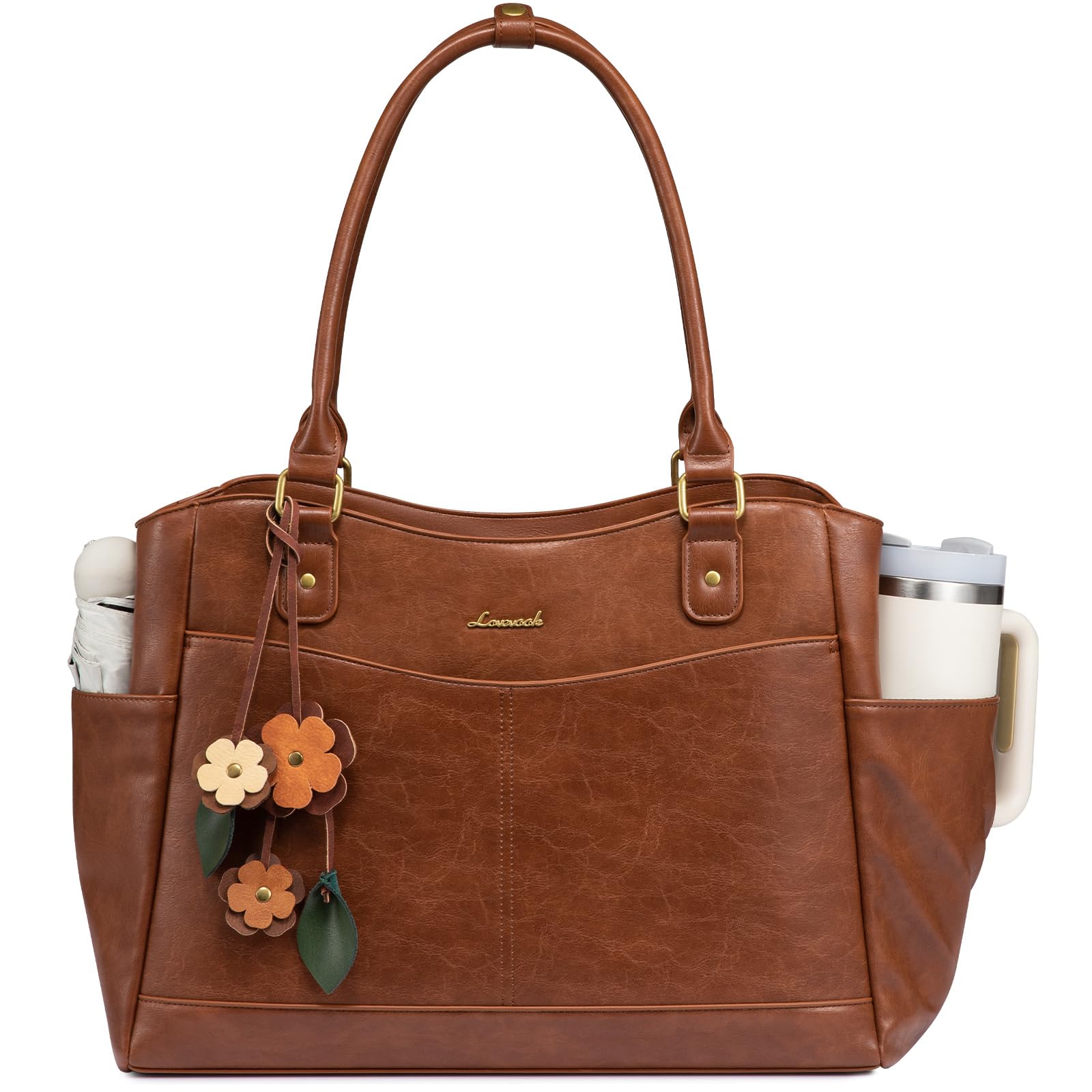 LOVEVOOK Laptop Bag for Women, 15.6inch Original Vintage Work Tote Bag Computer Office Teacher Bag with Large Cup Holder, Brown