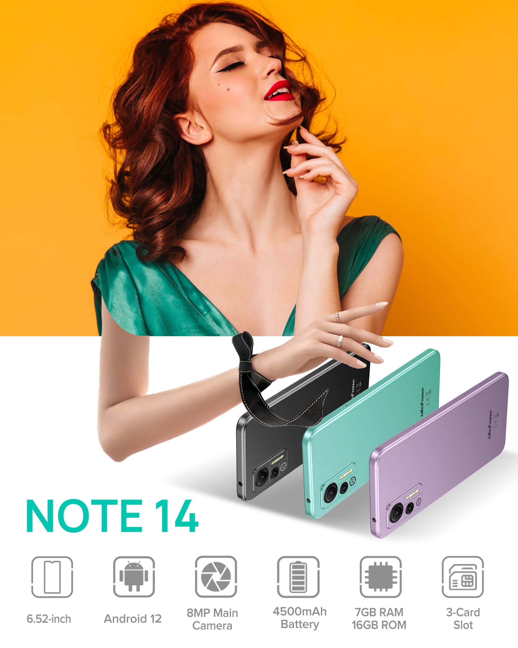 Ulefone Unlocked Smartphone, Note 14 Cell Phone Unlocked, Android 12, 6.52" IPS Full-Screen, 4500mAh, 7GB + 16GB, 3-Card Slots, 8MP Camera, Dual SIM, Face Recognition, 4G Cheap Phones - Green