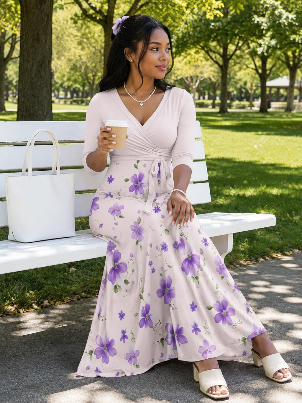 PinkPatty Plus Size Maxi Dress for Women Casual V Neck 3/4 Sleeve Boho Printed Long Dress with Pockets (Floral27 2XL)