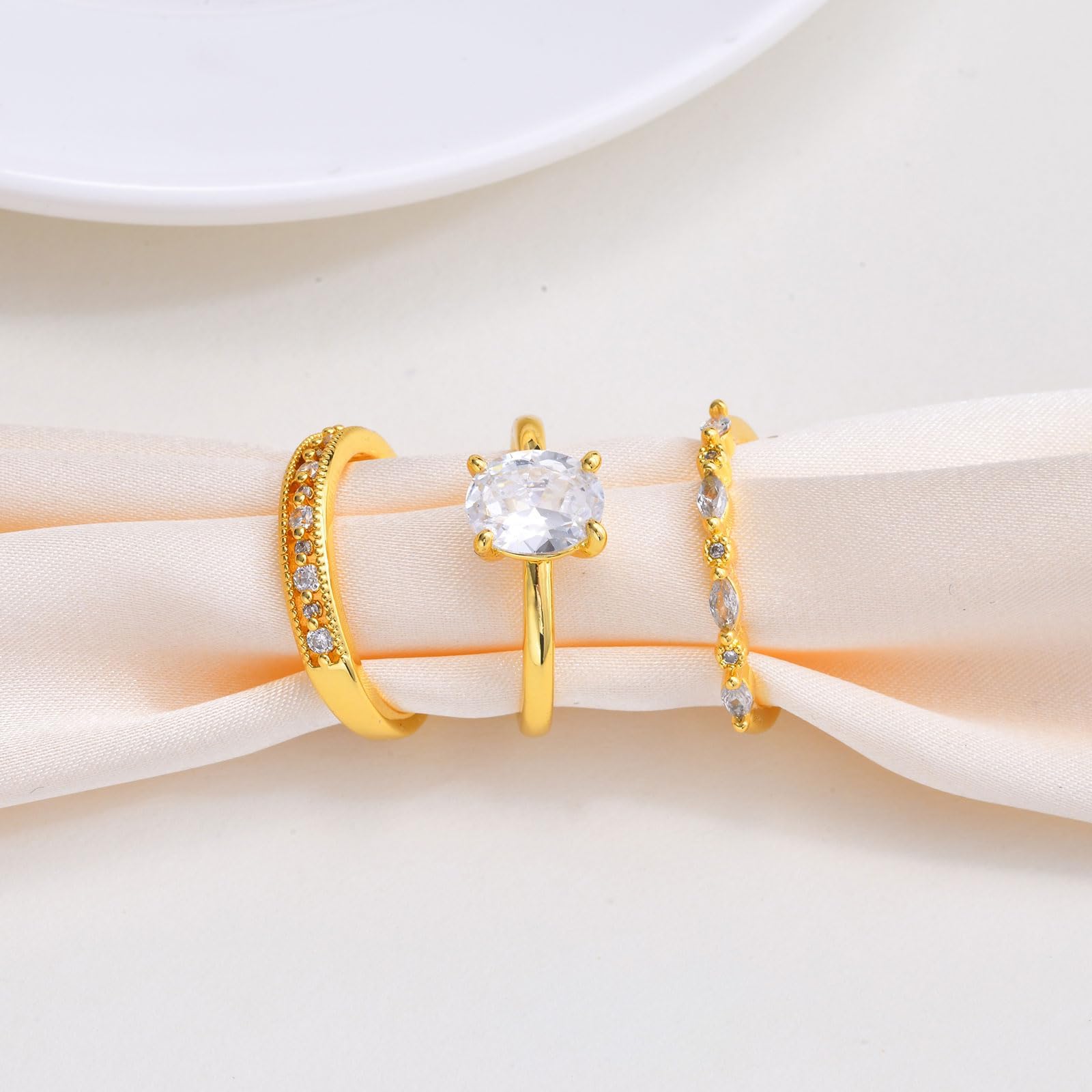 Stackable Gold Rings for Women - 14K Gold Plated Ring Set,Non Tarnish Stainless Steel Cubic Zirconia Friendship Band Wedding Party Trendy Jewelry Gift,Christmas Birthday Gifts for Her Size 9