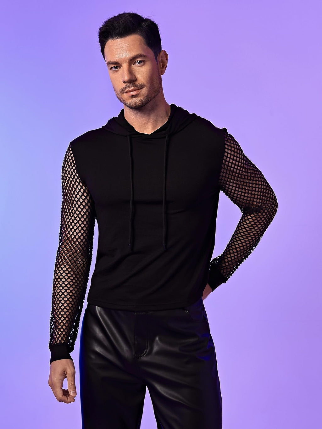 WDIRARA Men's Fishnet Mesh Long Sleeve Drawstring Crop Hoodie Sweatshirt Pullover Black Solid XX-Large