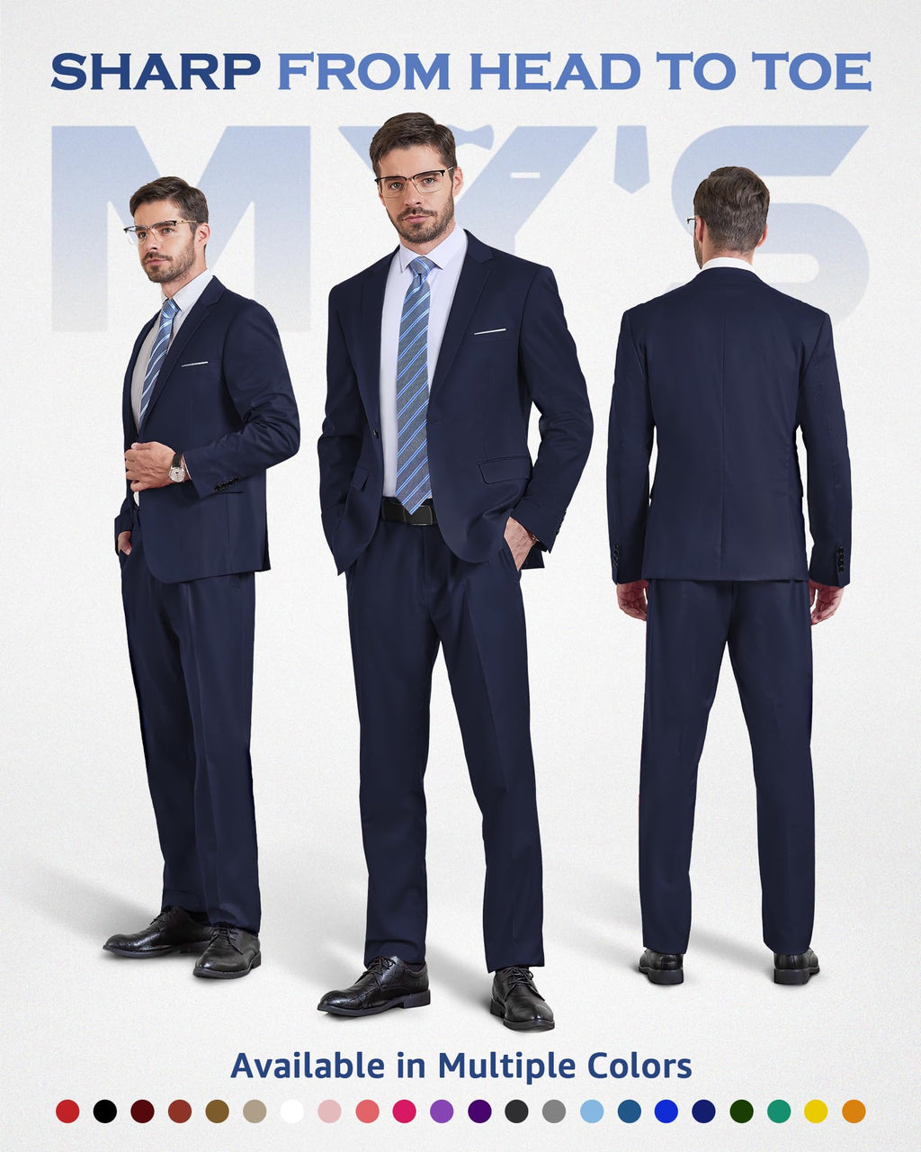 MY'S Men's 2 Piece Suit with Tie, One Button Slim Fit Solid Jacket and Pants Set, Suits for Men Party Prom Wedding & Business, Deep Blue