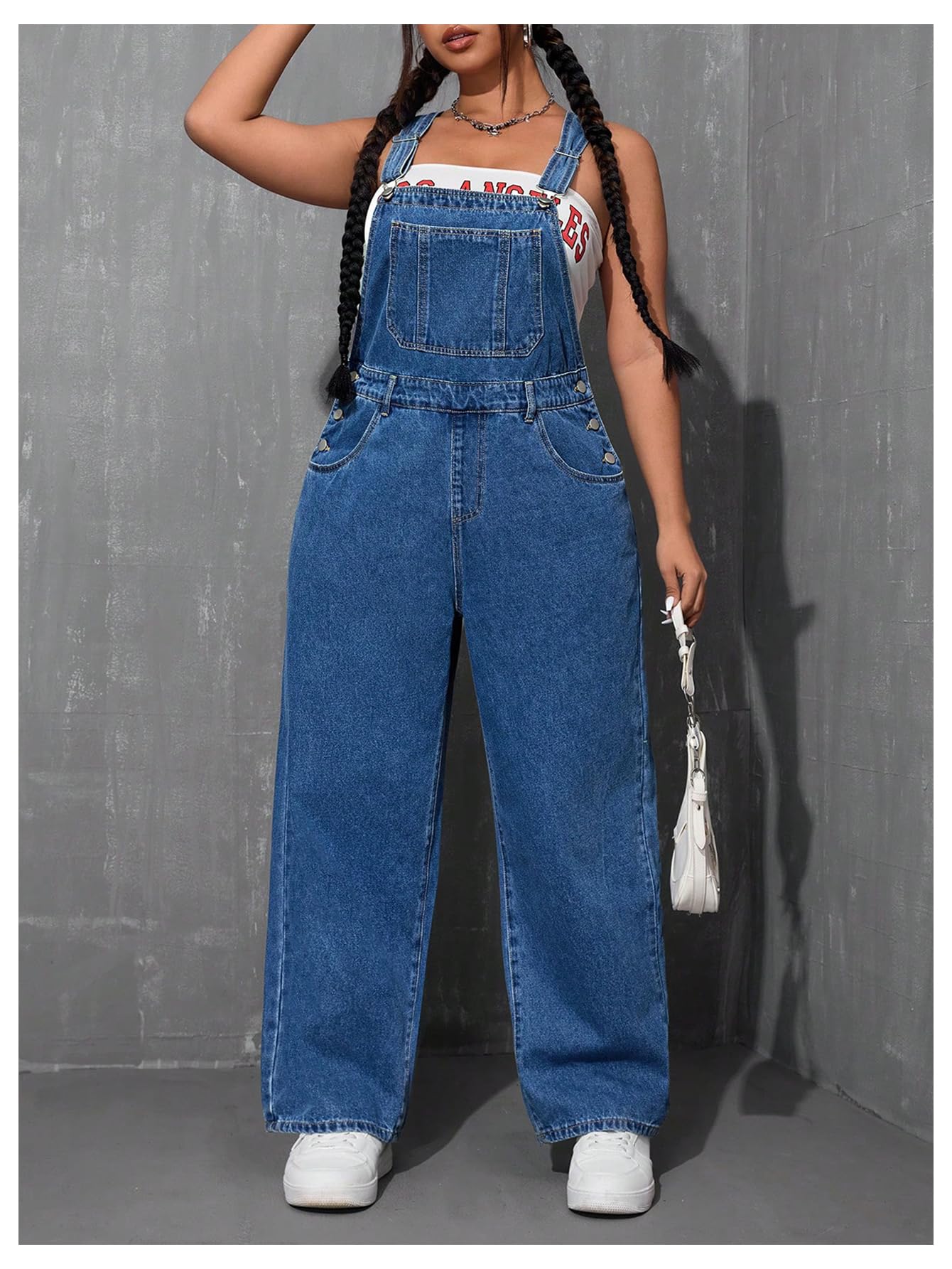 WDIRARA Women's Plus Size Denim Overall Straight Leg Jean Jumpsuit with Pockets Dark Wash 4X-Large Plus