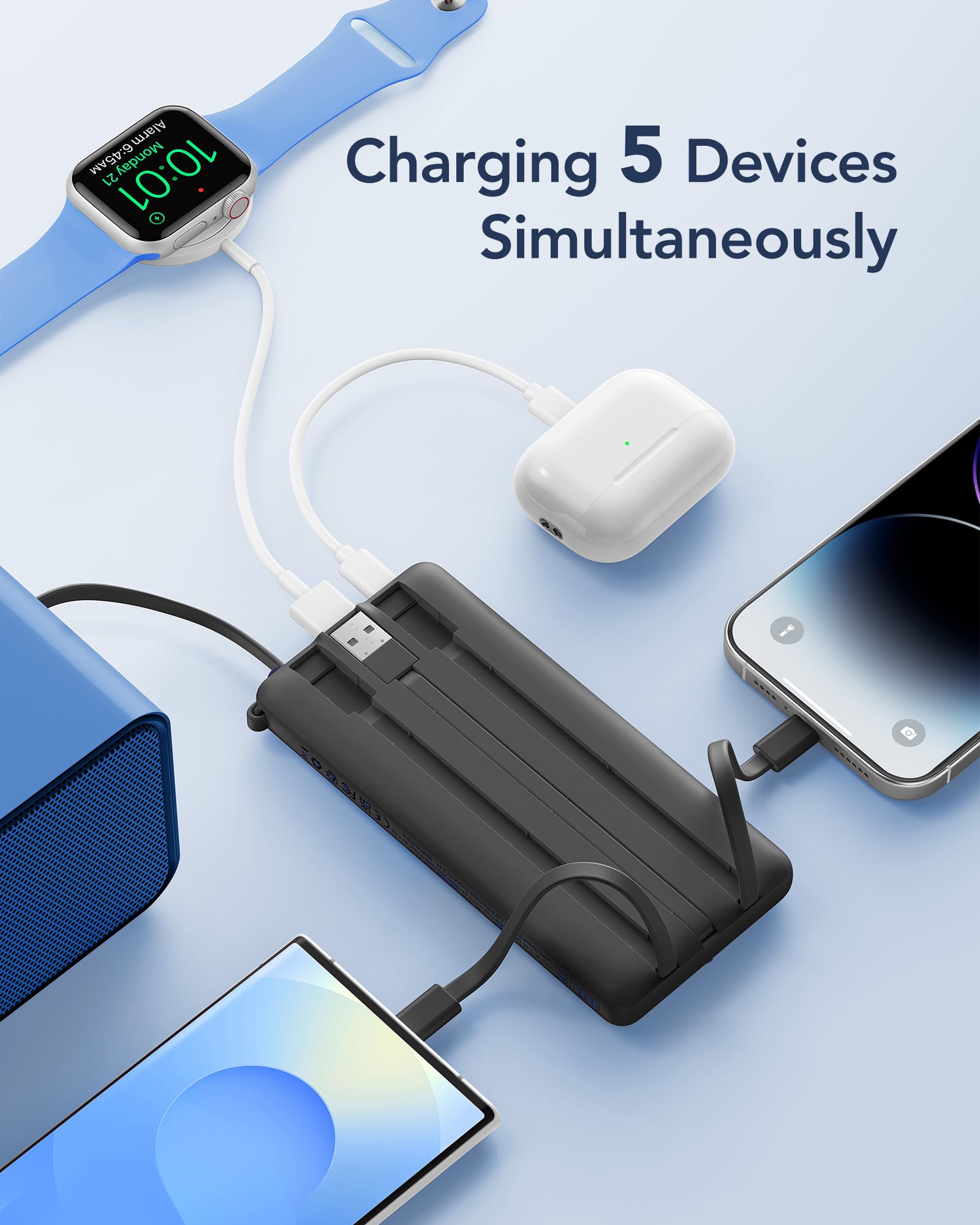 VRURC Portable Charger, Built-in 4 Cables Slim Power Bank 10000mAh, USB C Charging Bank with LED Display, Compact Travel Battery Pack for iPhone 17 16 15 14 13, Samsung, Android-Black(1 Pack)