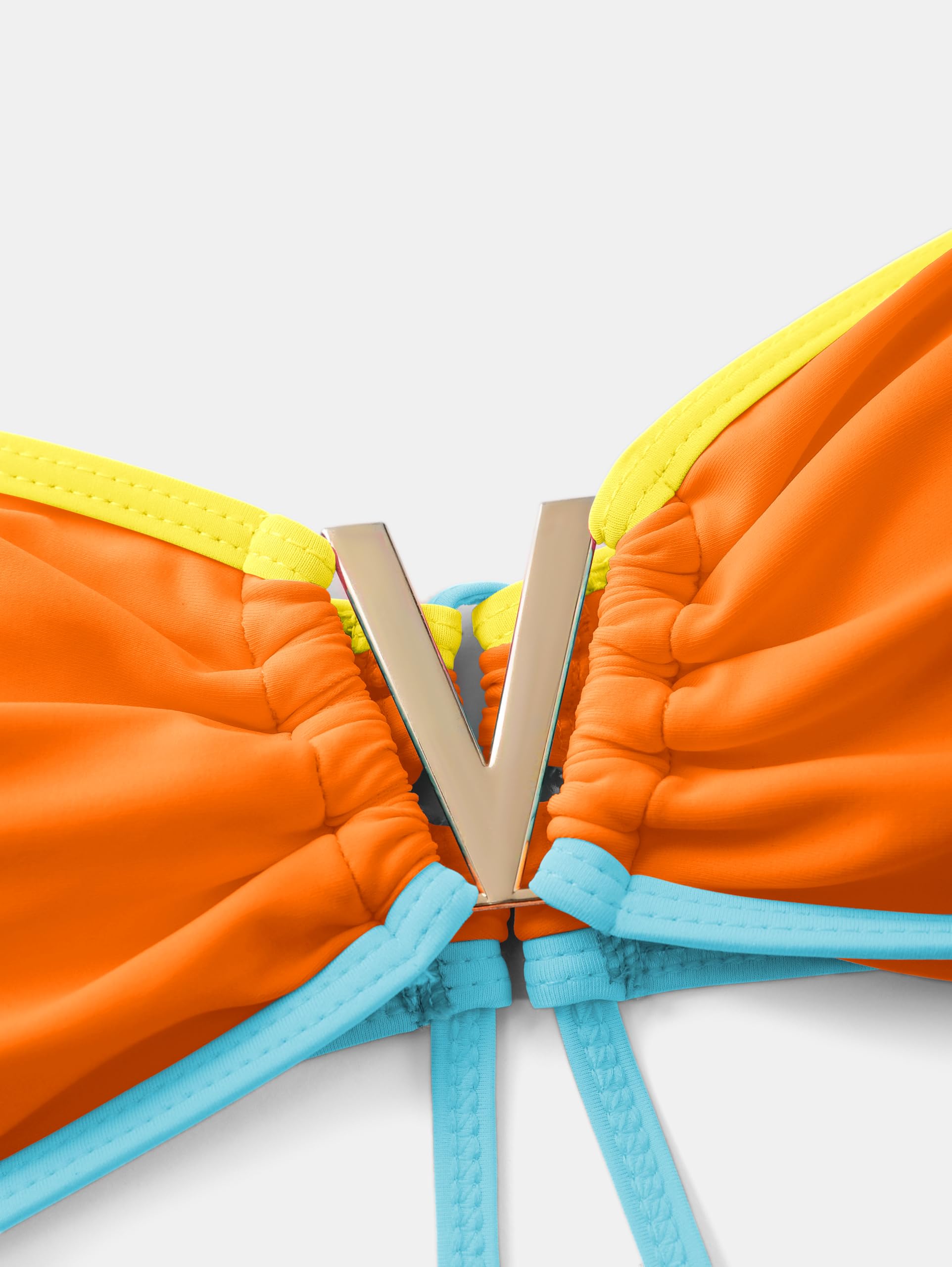 ZAFUL Women's Bandeau Bikini V Strapless Confetti Colorblock Tie Back High Cut Two Piece Swimsuit Bathing Suits (1-Orange, M)