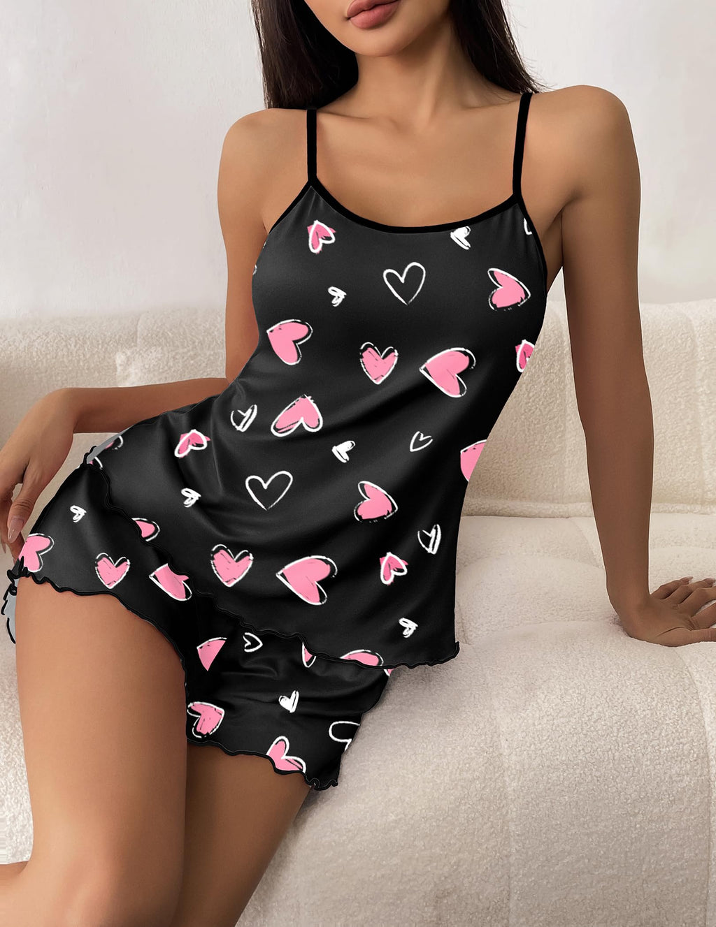 Ekouaer Womens Cami Pajama Sets 2 Piece Cute Print Pjs Soft Tank Top & Elastic Waist Shorts Camisole Lounge Set Pink Heart L