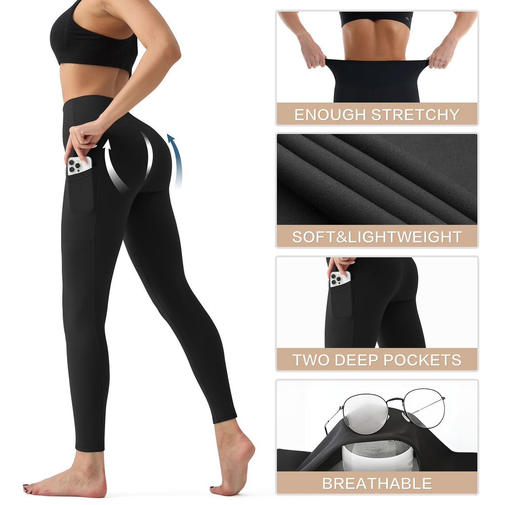YUDSUD Tummy Control Leggings with Pockets for Women High Waisted Yoga Pants Buttery Soft Elastic Stretchy Workout Running Athletic Black