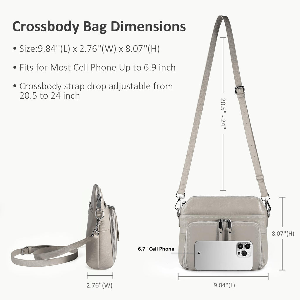 befen Real Leather Crossbody Bags for Women, Womens Small Cross Body Purses Travel Handbags with Built-in Wallet Adjustable Strap Beige Grey