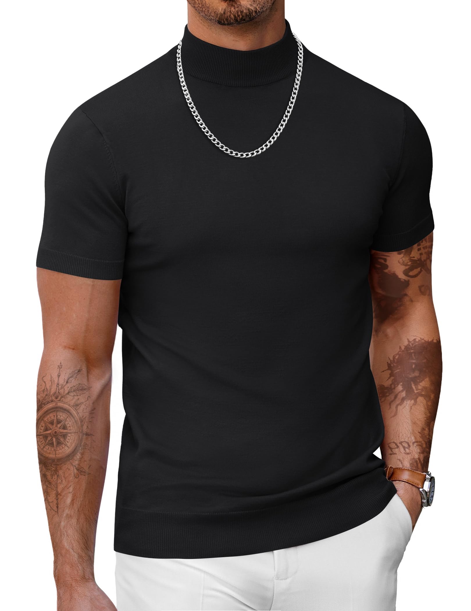 COOFANDY Mens Mock Neck Sweater Short Sleeve Black Turtleneck Pullover Sweater Fashion Slim Fit Knitted Thermal Underwear Tops All Black Small