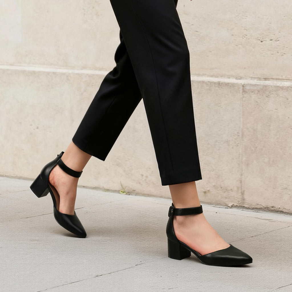 DREAM PAIRS ANNEE Pointed Toe Low Chunky Heels Pump Shoes,Size 8.5,Black/Pu,ANNEE