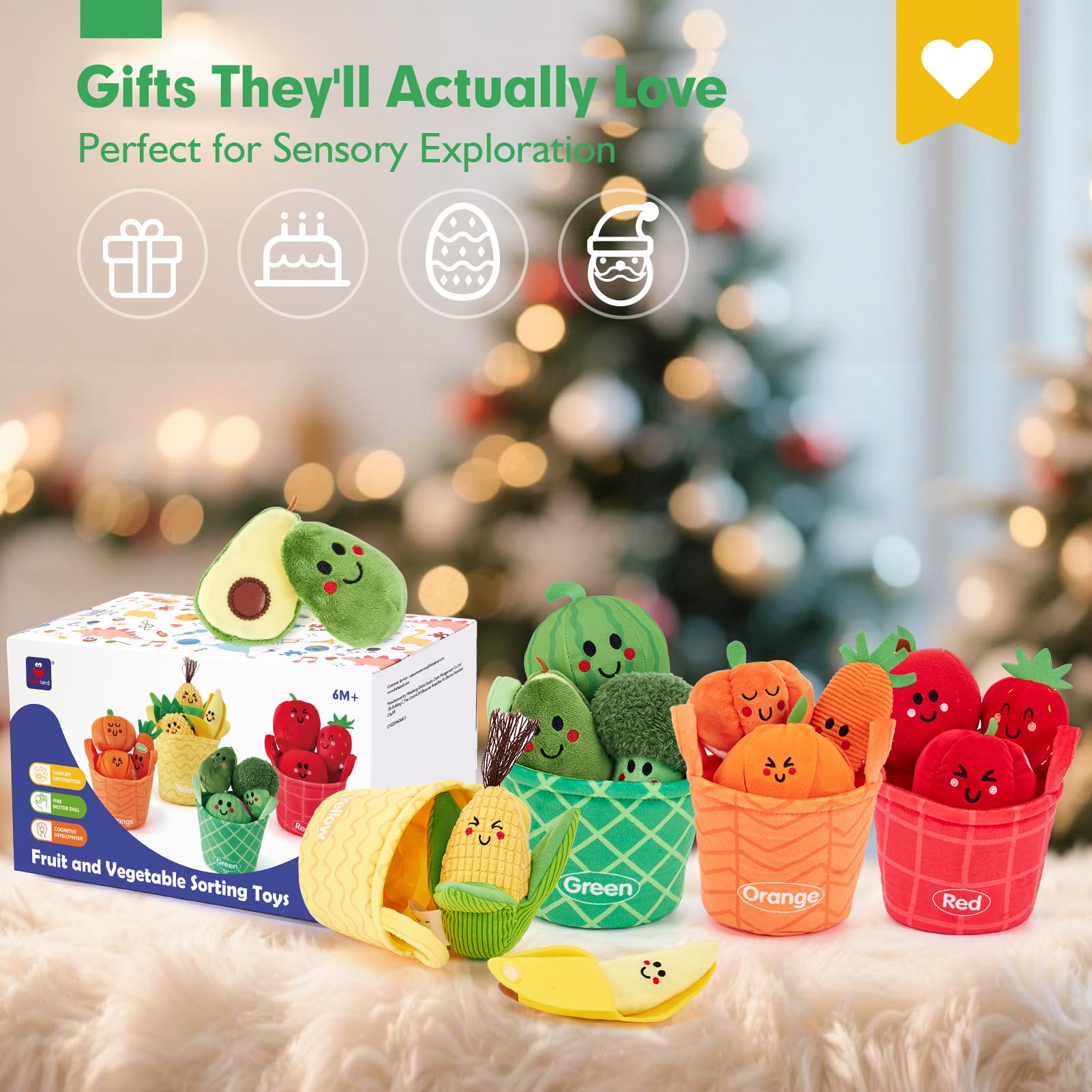 hahaland Baby Sensory Toys - 16 PCS My First Fruit Vegetable Color Sorting Play Food Crinkle, Rattle, Baby Toys 6-12 Months Montessori Toys for 1 Year Old Boy Girl Toddler Valentines Day Gifts Easter