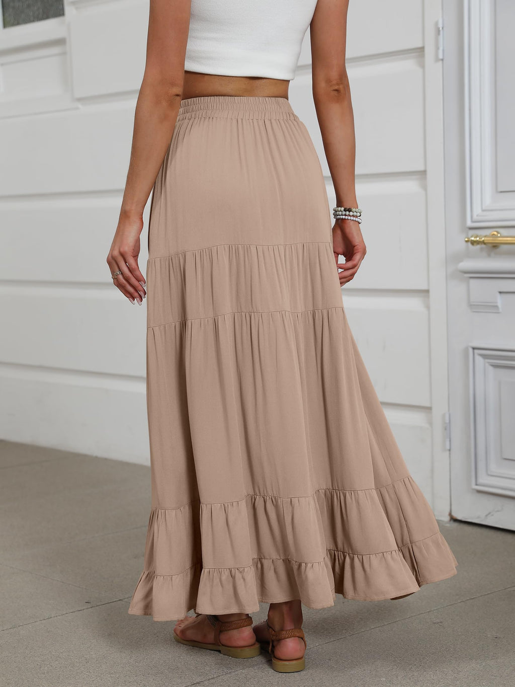 ANRABESS Womens Maxi Skirt Elastic High Waist Swing Tiered A-line Flowy Pleated Boho Beach Vacation Long Skirts Tan Brown Medium